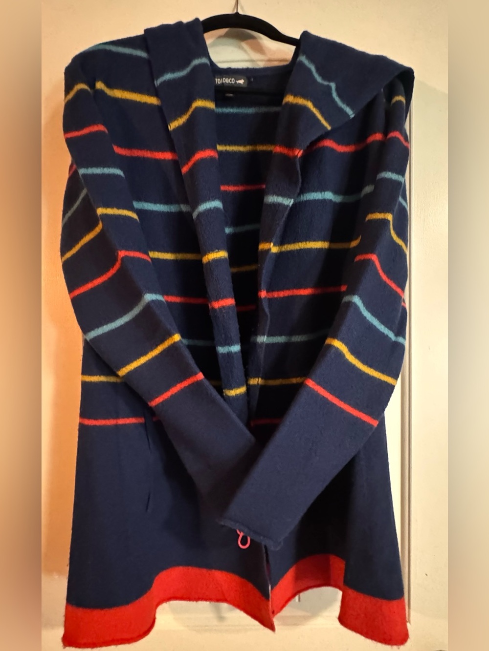 Toad&Co Navy Hooded Cardigan with Red, Yellow and Light Blue Stripes Med